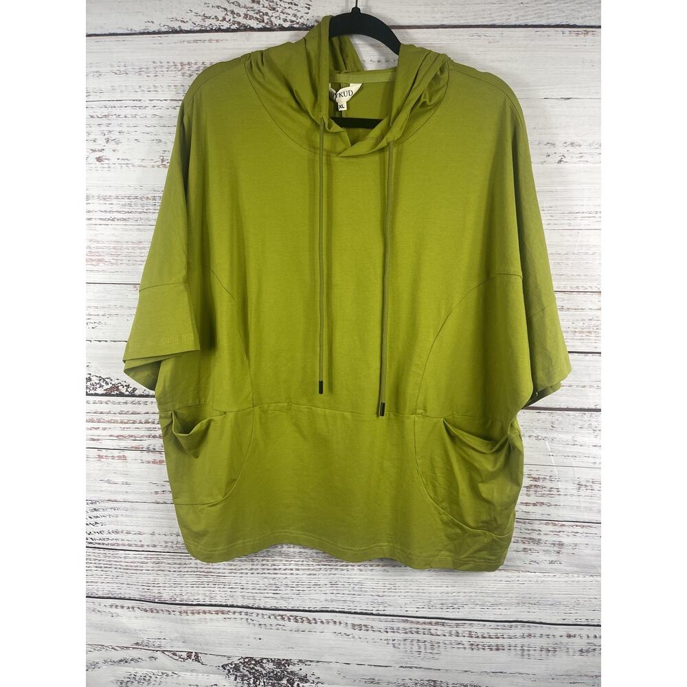 BUYKUD Shirt Womens XL Green Hooded Dolman Short Sleeve Tunic Pockets Top